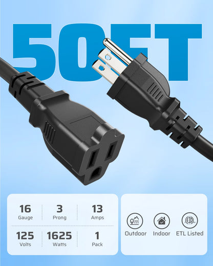 Extension Cord 50 FT, 3 Prong Extension Cable for Indoor Outdoor, 16/3 SJTW, Black