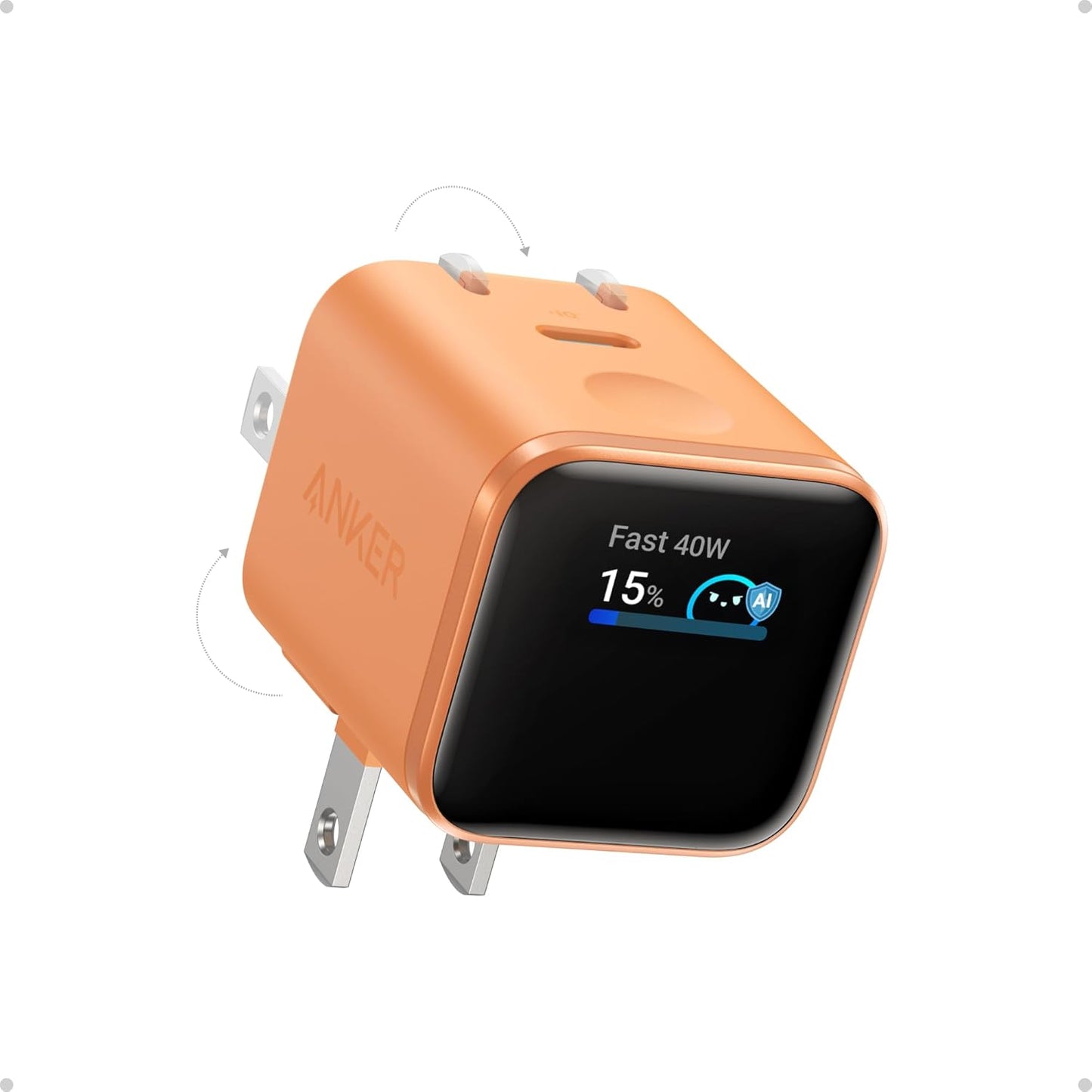 Smart Display Charger,  Nano USB C Charger Block, 45W Max Gan Phone Charger,180° Foldable Plug,Smart Recognition,Built-In Care Mode,For Iphone17/16/15(Non-Battery,One USB-C Port,No Cable)