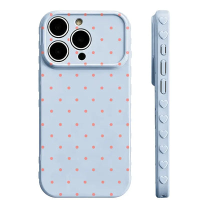 Polka‑Dot Heart‑Border Phone Case Made of Premium Glossy Soft Tpu‑Pc Composite Material. the Smooth Skin‑Friendly Surface Resists Fingerprints and Delivers a Silky Non‑Slip Grip. Exquisite Embossed Heart Patterns on Side Borders Add Sweet Detail