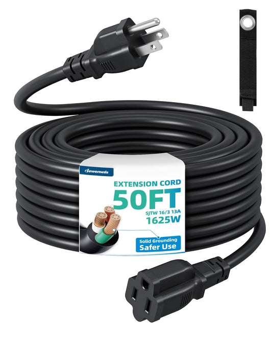 Extension Cord 50 FT, 3 Prong Extension Cable for Indoor Outdoor, 16/3 SJTW, Black