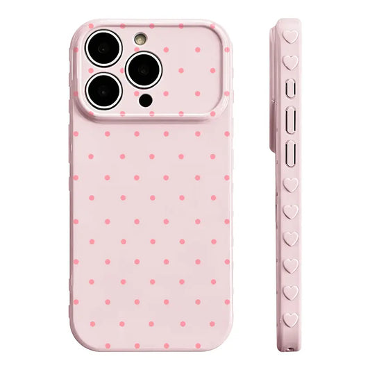 Polka‑Dot Heart‑Border Phone Case Made of Premium Glossy Soft Tpu‑Pc Composite Material. the Smooth Skin‑Friendly Surface Resists Fingerprints and Delivers a Silky Non‑Slip Grip. Exquisite Embossed Heart Patterns on Side Borders Add Sweet Detail