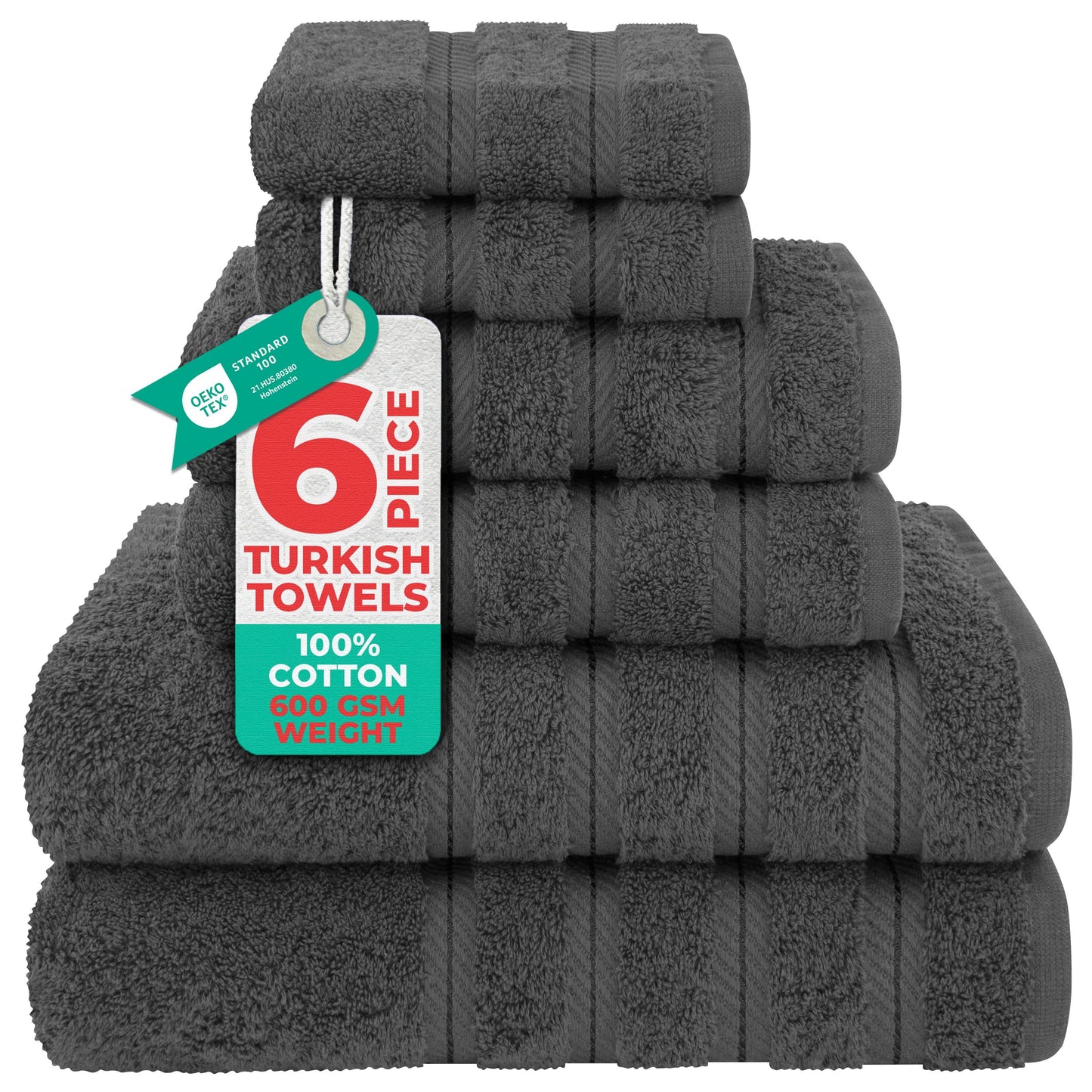 Turkish 6 Piece Towel Set, 100% Cotton Premium Soft Bathroom Towels, Dark Gray