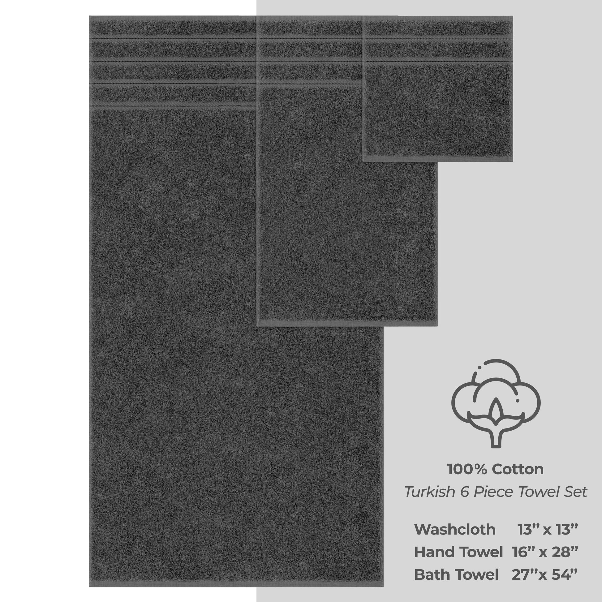 Turkish 6 Piece Towel Set, 100% Cotton Premium Soft Bathroom Towels, Dark Gray