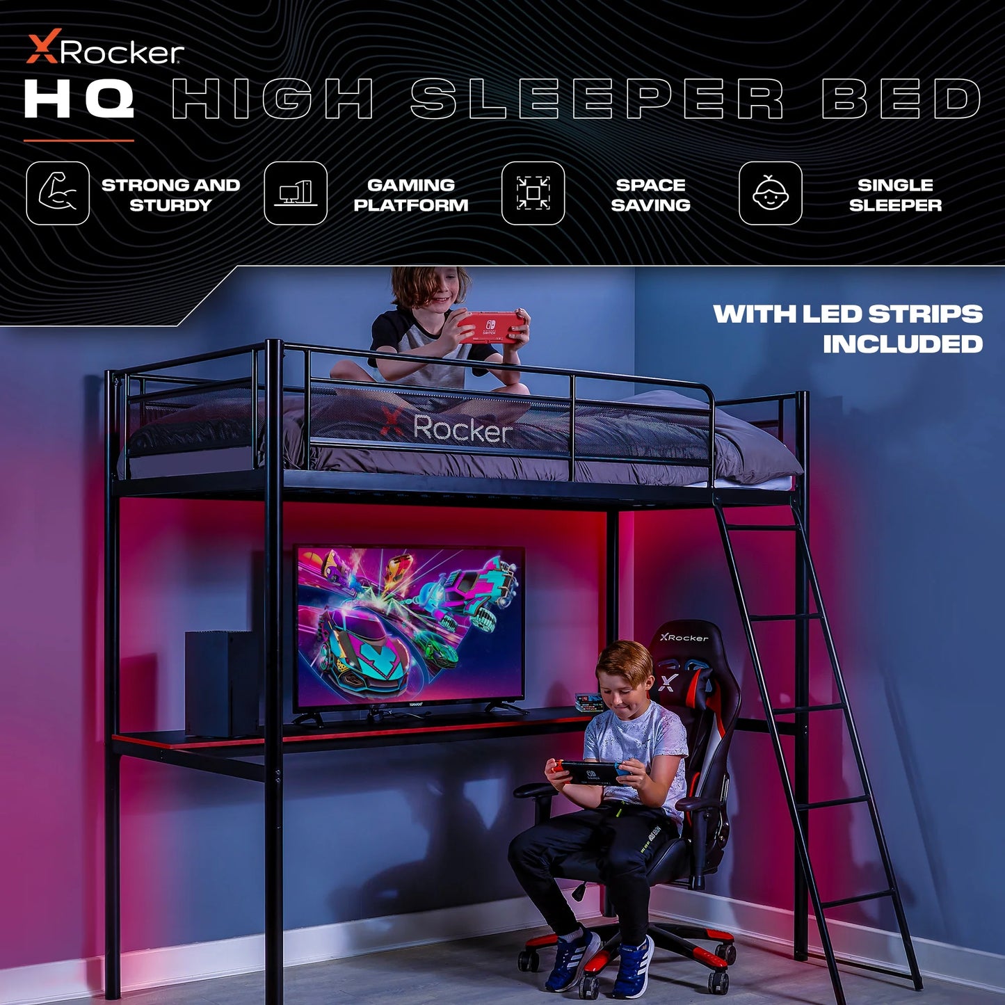 HQ Twin Gaming Bunk Bed with Built-In Shelving and LED Lighting, Black